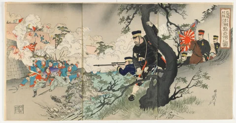 1895年4月、明治時代のシュフ島発作（カラー木版画）